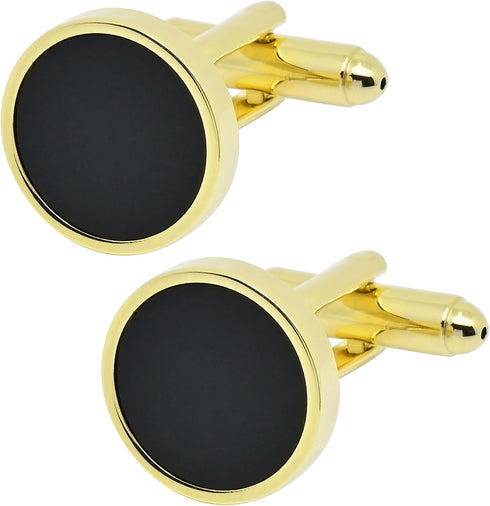 14K Gold Plated Round Mens Cufflinks with Black Agate In Gift Case Classic Round Golden Cufflinks for Men Jewelry for Wedding Party Business Birth...