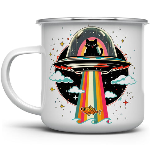 Retro UFO Cat Fish Abduction Extraterrestrial Paranormal Enamel Campfire Mug, Fun Outdoor Camping Coffee Cup (12oz)...