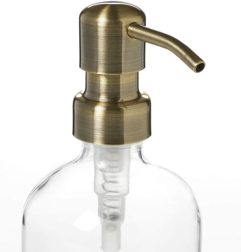 Industrial Rewind Clear Glass Soap Dispenser with Brass Metal Pump and Non Slip Coaster - 16oz Refillable Liquid Soap Dispenser Pump Bottle for Ba...
