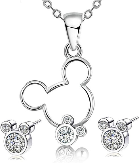 Jewelry Set for Women Girl,S925 Silver Plated Mouse Earring Necklace Kits,Cute Ear Stud and Pendant with Shinying CZ for Women's Day Gift,Hypo-all...