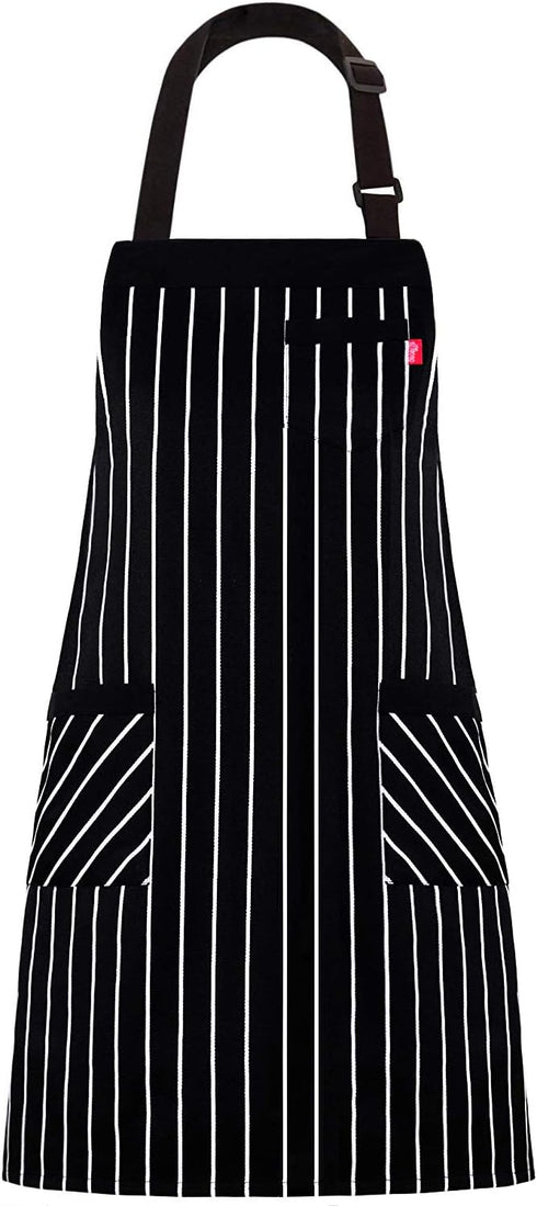 Aprons for Women and Men, Kitchen Chef Apron with 3 Pockets and 40" Long Ties, Adjustable Bib Apron for Cooking, Serving - 32" x 28" - Black/White...