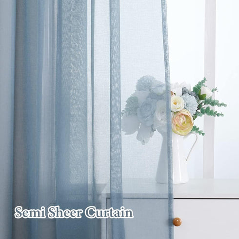 MIULEE Dusty Blue Linen Textured Sheer Curtains 84 Inches Long 2 Panels for Bedroom Living Room, Semi Transparent Farmhouse Light Blue Window Net ...