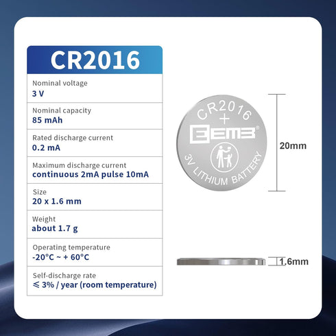 EEMB 10-Pack CR2016 Battery CR2016 3V Lithium Battery Button Coin 2016 Batteries ECR2016 DL2016 LM2016 for Watches, Calculators, Garage Door Opene...