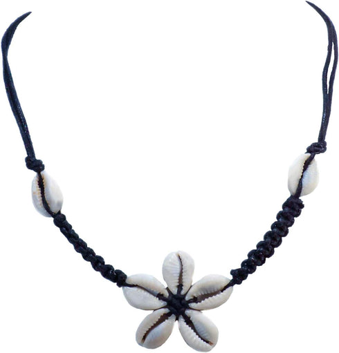 BlueRica Braided Black Cord Choker Necklace with Cowrie Shell Flower Pendant...