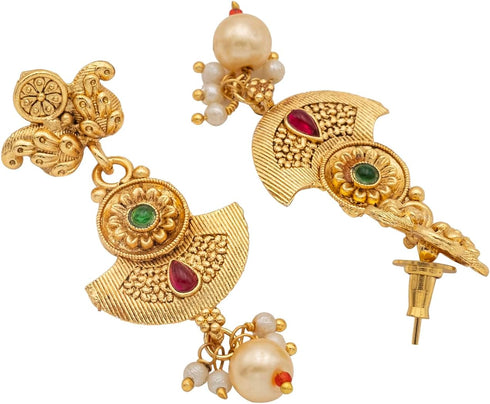 Gold Plated Traditional Indian Kundan,CZ, Pearl Studded Adjustable Dori Necklace with Matching Earrings Jewellery/Jewelry Set for Women (SJN_210)...