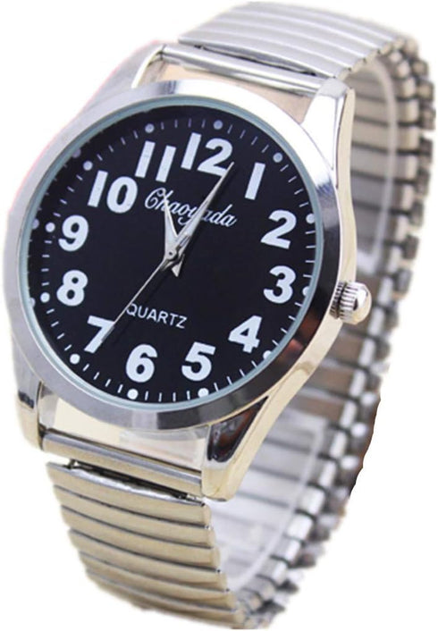 Classic Men’s Easy Reader Big Dial Number Sliver Stainless Steel Expansion Strap Bracelet Elastic Wristwatches (Dial 40 Black)...