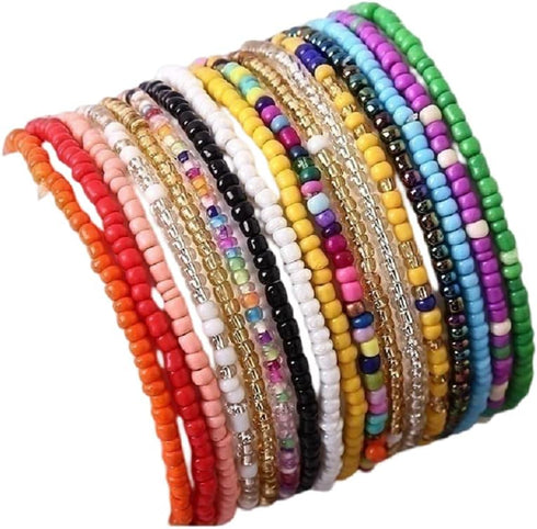 17Pcs Elastic Beaded Handmade Bracelets Bohemian Stackable Beaded Stretch Bracelets Colorful Boho Beach Anket Bracelet Set Rainbow Handmade Seed B...