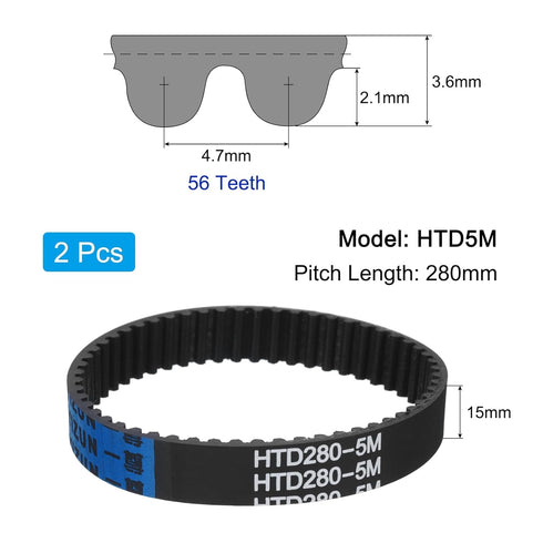 uxcell 2pcs HTD-5M Rubber Timing Belt 56 Teeth, 280mm Pitch Length x 15mm Width x 3.6mm Height, Closed Loop Pulley Timing Belt...