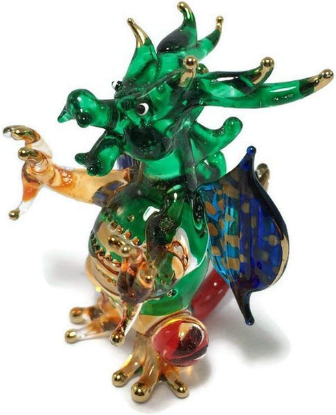 Tiny 2" Green Blue Yellow Sitting Western Dragon Figurine - Miniature Hand Blown Glass Dragons Mythical Creature Animals Crystal Decorative Collec...