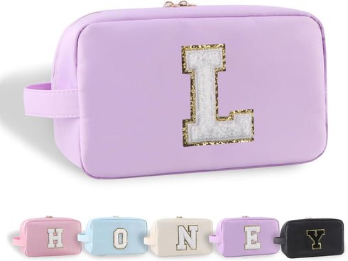 Initial Travel Cosmetic Bag With Glitter Chenille Portable Water-resistant Toiletry Bags for Travelling Nylon Cosmetic Bag Makeup Organizer Pouch ...