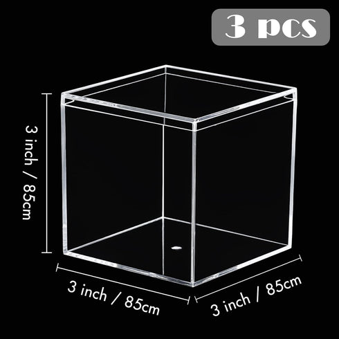 Kamehame Acrylic Boxes for Display 3 Pack Clear Plastic Square Cube, 3.3x3.3x3.3Inch/85x85x85mm Small Acrylic Box with Lid, Candy Pill and Tiny Je...