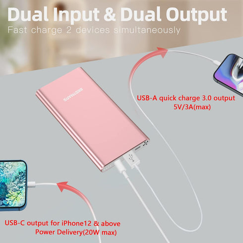 10000mAh PD 3.0 Power Bank Portable Charger Quick Charge USB C 18W Fast Charging Battery Pack for iPhone 15 14 13 12 11 X XS Pro MAX XR 8 iPad Min...