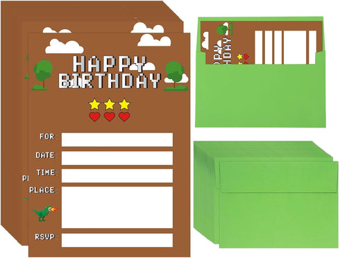 25 Pieces Pixel Video Birthday Party Supplies Game Themed Party Invitations Invite Card with Green Envelopes for Boy Kids Pixel Gamer Party Decora...