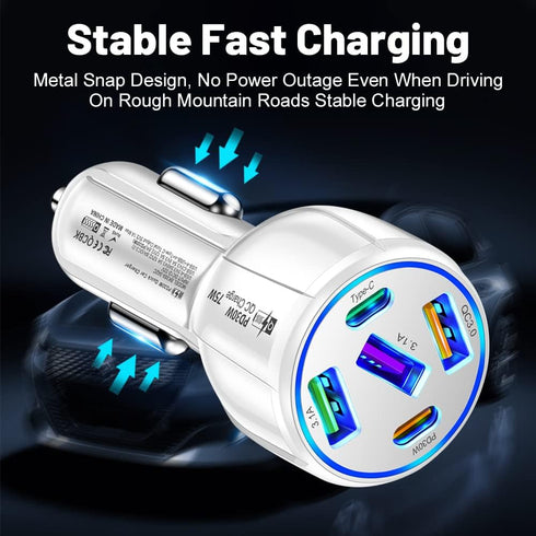 5 in 1 Car Charger Adapter,75W High Power Cigarette Lighter Adapter,QC3.0/PD Super Fast Charging Car Phone Charger Compatible with iPhone 14 13,iP...