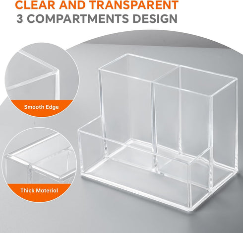 Pen Holder for Desk, Clear Acrylic Pencil Holder for Desk, Marker Holder with 3 Compartments, Pencil Organizer for Home, Office, Classroom, Bathro...
