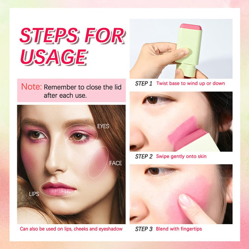 Multi-Use Makeup Blush Stick, Tinted Solid Moisturizer On-the-Go Blush, Multi-use Cream Blush Stick for Cheek & Eyes & Lips, Waterproof Natural Nu...