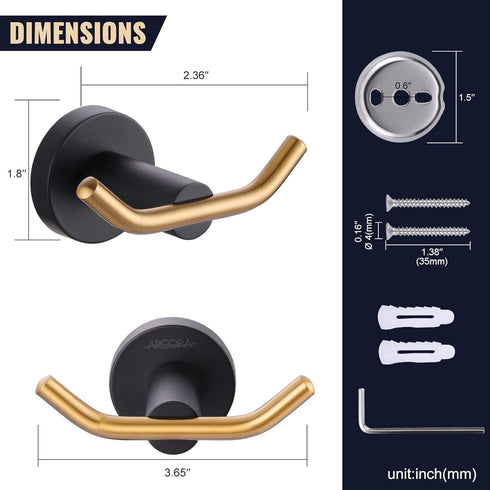 ARCORA Towel Hooks Black and Gold, SUS 304 Stainless Steel Double Wall Hooks, Heavy Duty Robe Hooks, Bathroom Towel Hooks for Wall...