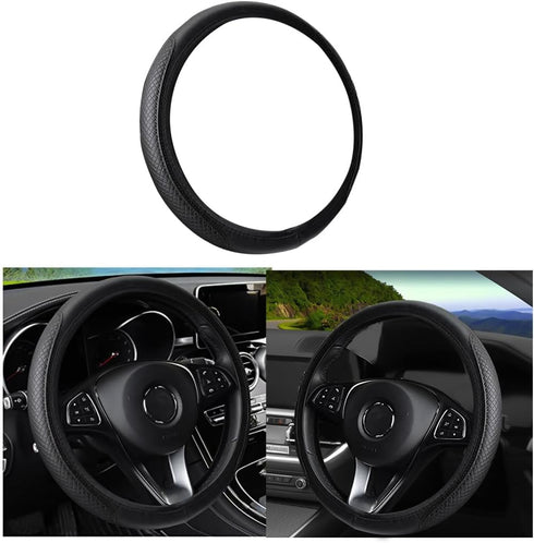 Leather Car Steering Wheel Cover for Men Women, Elastic, Breathable Anti-Slip, Universal 15 inch, (Black1)...