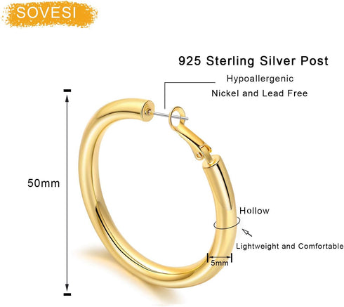 sovesi Chunky Gold Hoop Earrings for Women with 925 Sterling Silver Post, 14K Gold Plated Small Thick Gold Hoops Earrings for Women...