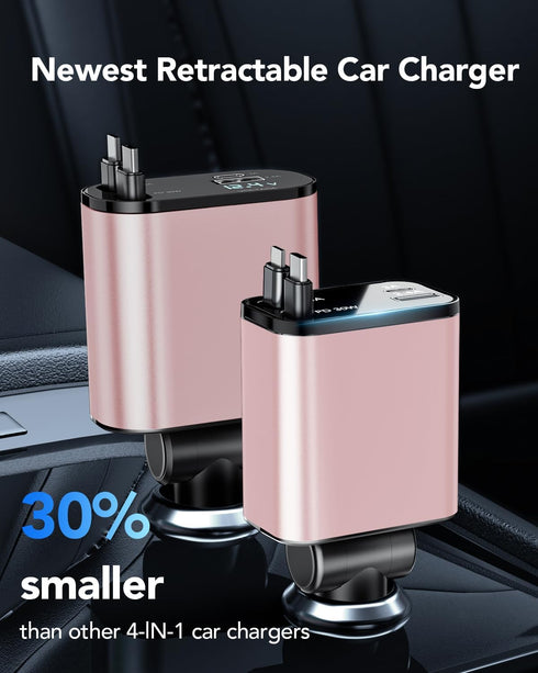 HATALKIN Retractable Car Charger 4 in 1, 69W Fast Car Phone Charger, 2 Retractable Cables and USB C Car Charger, Car Charger Adapter for iPhone 16...