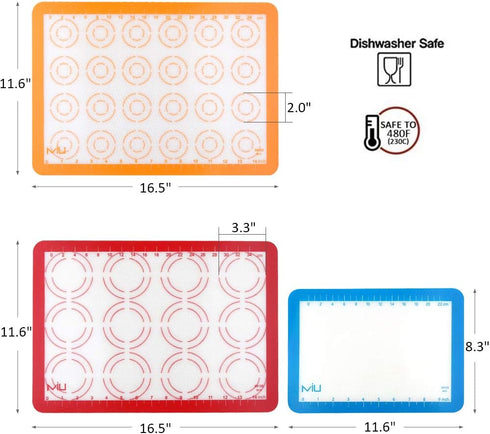 MIU Macaroon Silicone Baking Mat, Non-Stick Cookie Baking Mat, 2 Half Sheets and 1 Quarter Sheet, Perfect Baking Pad Cookie Kit for Macarons, Cake...