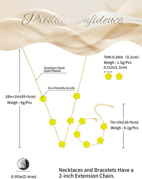 Gold Plated Stainless Steel Flower Bracelet, Necklace and Stud Jewelry Set for Women...