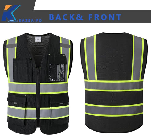 High Visibility Safety Vest for Men Women with 9 Pockets and Zipper Front Reflective Mesh Safety Work Vest Hi Vis Construction Vest Meets ANSI/ISE...