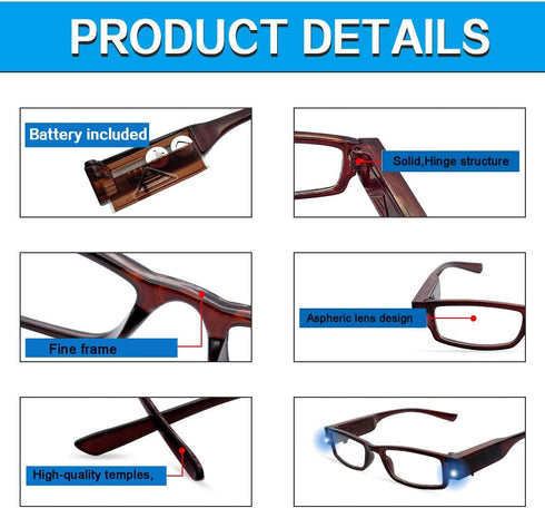 2 Pcs Reading Glasses with Lights for Men and Women Led Readers Fashion Glasses for Reading Lighted Magnifier Nighttime Reader Compact Full Frame ...