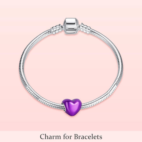 Purple Ribbon Color Heart Charms 925 Sterling Silver Bead for Bracelets...