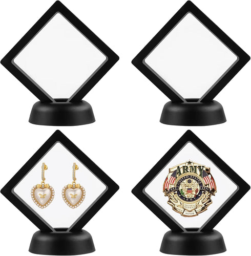 4Pcs 3D Floating Frame with Stand, Challenge Coin Display Holder, Small Shadow Box for Earrings, Rings, Brooch, Military Medal, Black, 2.75x2.75 i...