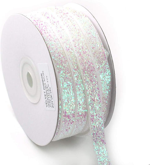 3/8" (9mm) 20 Yards Roll Polyester Glitter Ribbon Sparkle Metallic Cheer Velvet Ribbon (Iridescent White)...