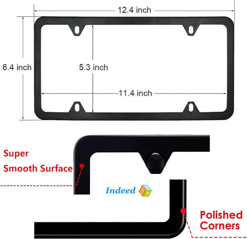 Indeed BUY License Plate Frames Black, 2 Pcs 4 Holes Car Licenses Plate Covers Stainless Steel Holders Frame for Plates with Screw Caps....