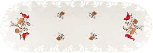 Embroidered Christmas Red Cardinals and Pine Cones on White Satin Table Runner Dresser Scarf 16 x 54 Inches...