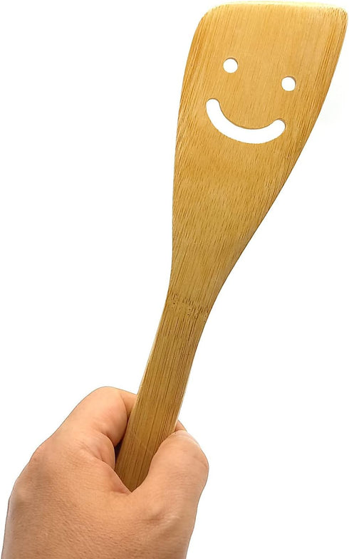 2-Piece 12-Inch Bamboo Smiley Face Wooden Spoons & Spatula Kitchen Cooking Tools for Nonstick Cookware and Wok...
