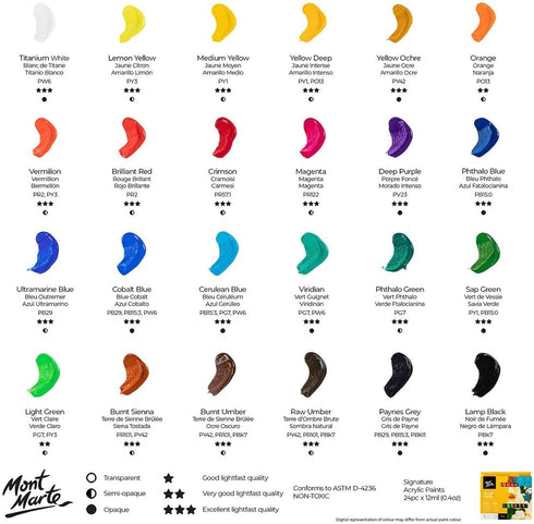 Mont Marte Acrylic Paint Set 24 Colours 12ml, Perfect for Canvas, Wood, Fabric, Leather, Cardboard, Paper, MDF and Crafts (24 Bright Colours 12 ML...
