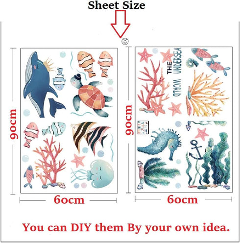 Amaonm Giant Removable 3D DIY Under The Sea World Wall Decals Ocean Animals Wall Stickers Ocean Fish Seahorse Coral Turtle Wall Decor for Girls Be...