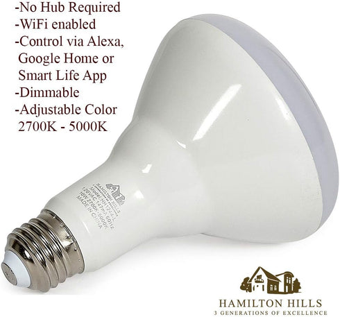Hamilton Hills LED Smart Bulb - Smart Home Certified Standard Universal BR30 E26 Dimmable Flood Lightbulb WiFi Enabled No Hub Required Color Tunab...