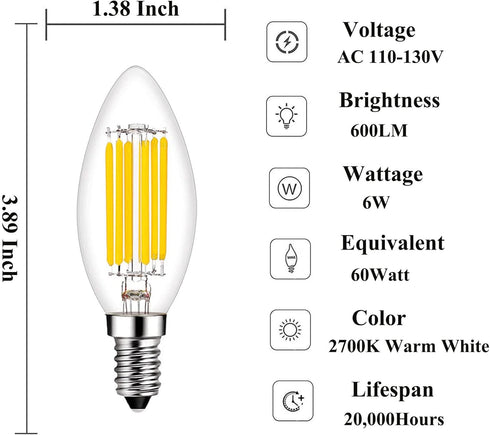 E14 LED Bulb Dimmable 60W Equivalent 2700K Warm White, E14 Light Bulbs European Base 6W 600Lumens AC120V, E14 Edison Bulb for Turkish Lamp Light B...