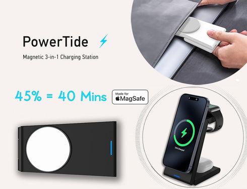 Wireless 3-in-1 Magnetic Charging Station, Qi Certified15W MagSafe-Compatible Wireless Charger Stand, Foldable Charger for iPhone 15/14, AirPods, ...