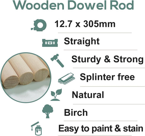 1/2 x 12 Inch, Hardwood Dowel Rods, Unfinished Birch Round Sticks for Arts Crafts and DIY Projects, 10 pcs...