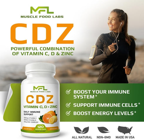 | C D Z | Vitamin C, 1000mg | Vitamin D3, 125mcg | Zinc, 25mg | Non-GMO & Gluten Free | 120 Vegetarian Capsules |120 Servings...