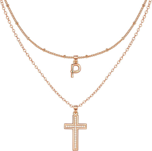 ZENI Dainty Cross Necklaces for Women, 14K Gold Plated Layered Chain Initial Pendant Choker Necklace, Cubic Zirconia Cross Christian Faith Jewelry...