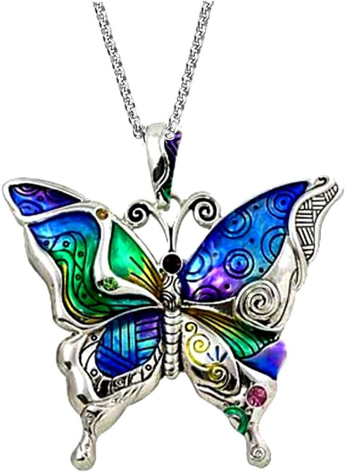 Silvertone Colorful Butterfly Pendant Necklace 24" Stainless Steel Chain...