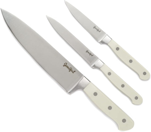 Goodful Premium Cutlery Kitchen Essential Knife Set, High Carbon Stainless Steel Blades Cutlery, Full Tang, Triple Riveted Handles, 3-Piece, Cream...