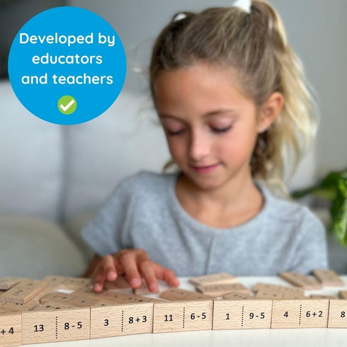 Math Domino Game for 1st & 2nd Grade | Wooden Algebra Dominoes Plus/Minus | Educational Learning Toy for Kids 6+ | Classroom, Homeschool & Teachin...