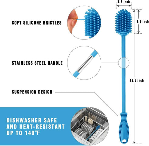 Silicone Bottle Cleaning Brush with Long Handle, Water Bottle Cleaner for Baby Bottles, Hydro Flask, Sports Bottle, Vase, Glassware, Perfect for S...