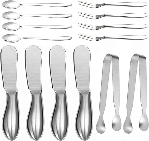 Charcuterie Board Accessories Set,14-Piece Cheese and Butter Spreader Knives & Serving Tongs,Wooden Handle Cocktail Knives...