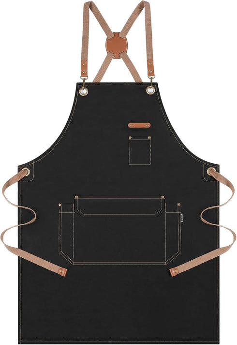 Chef Apron for Men Women with Gift Box Pack, Cross Back Apron with Pockets for Kitchen Cooking Baking Artist Painting, Cotton Canvas Work Aprons f...