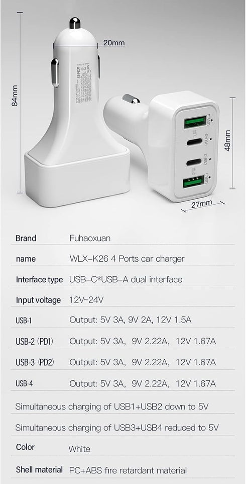 MOTONG USB C Fast Charging Car Charger, 4-Ports 40W Dual QC3.0 & Dual PD Cigarette Lighter Adapter Socket Compatible with iPhone 14/13/12 Pro/XS/G...