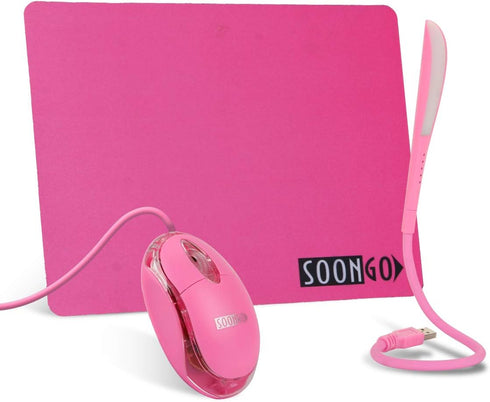 Pink Mouse and Pad USB LED Light 3 in 1 Gift Comb Kids Mouse for Laptop Home Office Travel by SOONGO...